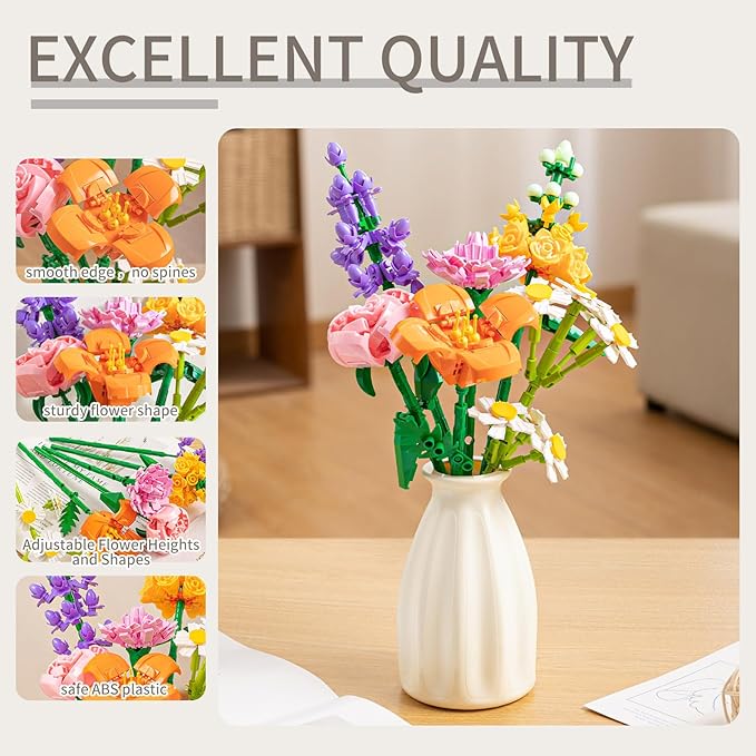 Flower Bouquet Building Blocks Set - Artificial Flowers with Roses for Home Decor Unique Gift for Her or Him for Mother's Day Birthday Gift DIY Mini Micro Bricks Kits with Vase