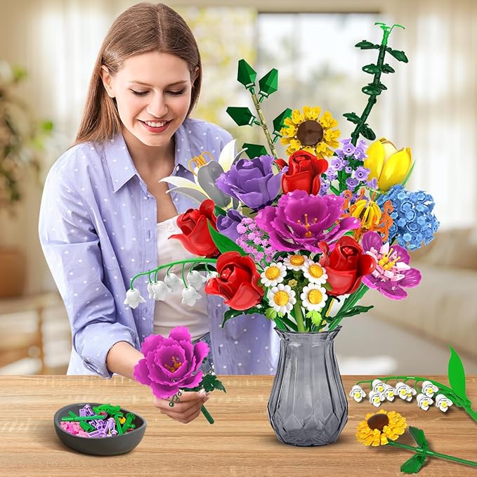 Flower Bouquet Building Set Easter 18 Flowers Rose Building Block Botanical Collection Building Block Toy Plant Home Decor 1015 PCS Gift for Her Adults Women Kids Boys Girls 12+