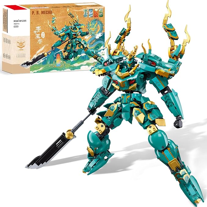 Mech Building Set Green Dragon Samurai Ninja Action Figure for Adults Collectible Robot Gift for Kids Ages 8+ Compatible with Lego Mech Set 704 PCS