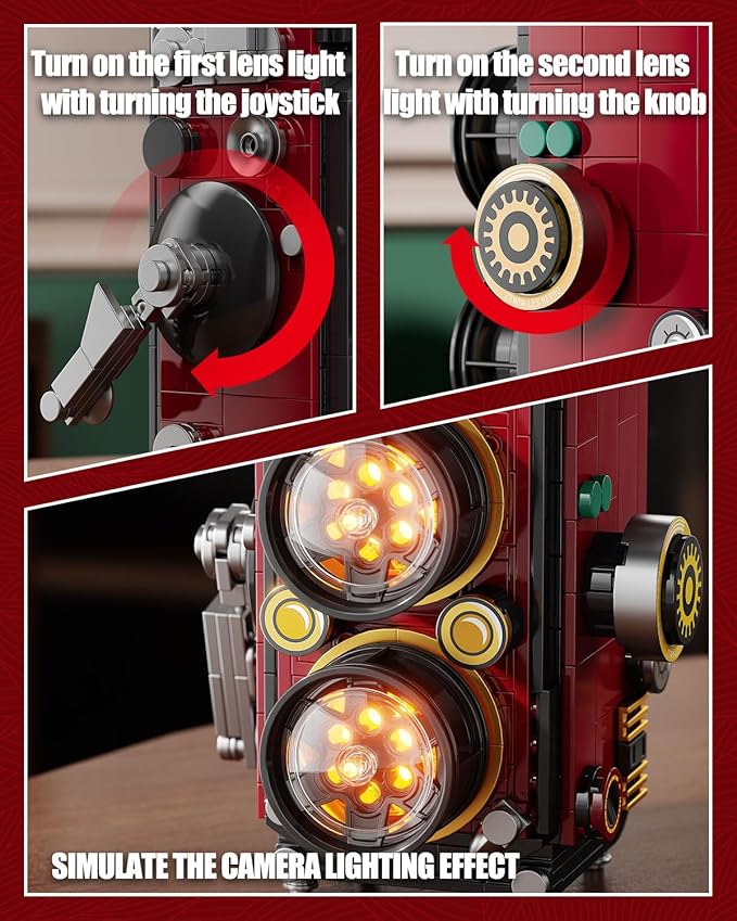 Retro Camera Building Blocks Sets with Lights DIY Camera Building Toys with Twin-Lens Reflex Design Unique Collectible for Home Decor Christmas Birthday Gift for Adults Boys age 8-12(719Pcs)