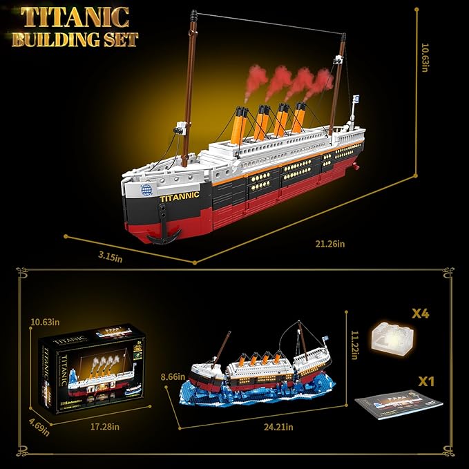 2 in 1 Titanic Building Set Titanic Big Ship Model Building Kit with Lights Bricks and Glacier Compatible with Lego for Adults Men 1928 Pieces STEM Construction Toy for Teens 14+