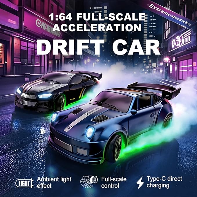 1:64 Scale Mini RC Drift Car with Gyro Full Proportional RTR 2.4Ghz Remote Control with RGB Lights (05-Black)