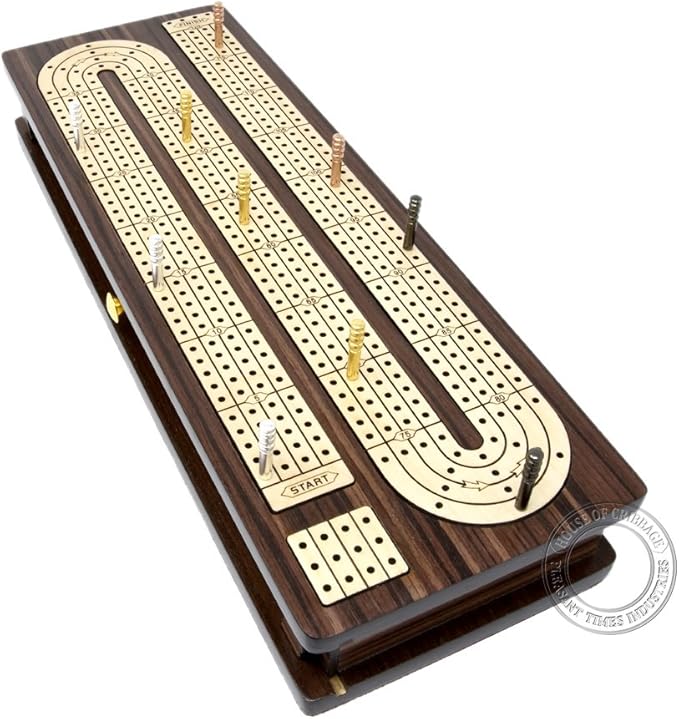 House of Cribbage - Continuous Cribbage Board Inlaid 4 Tracks Rosewood/Maple with Sliding Lids and Drawer