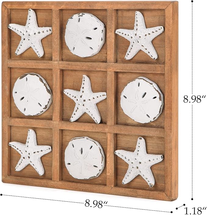 NIKKY HOME Beach Tic Tac Toe for Fun Starfish Sand Dollar Coastal House Coffee Table Decor Wood Board Travel Game 8.97 by 8.97-in Distressed White