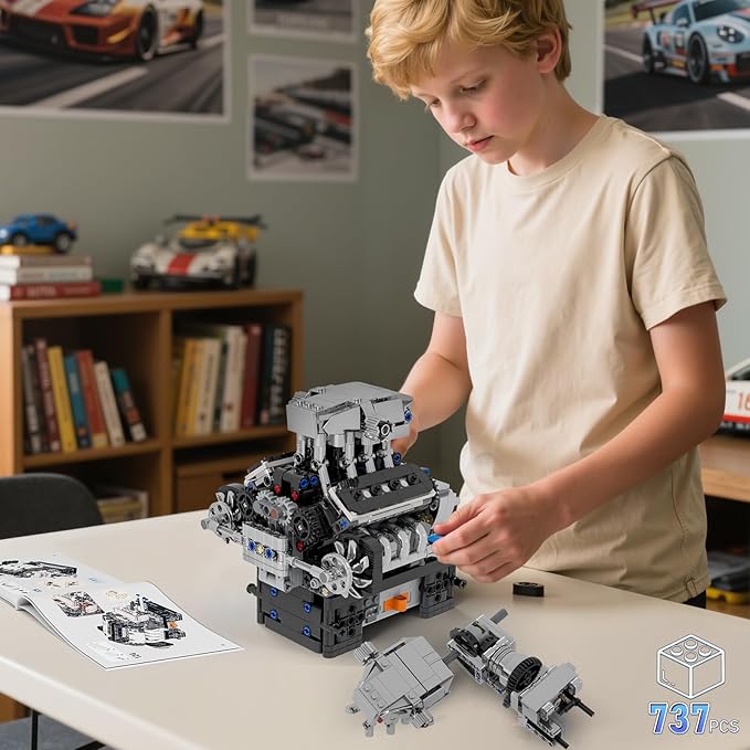 V8 Engine Building kit for Kids Adults Runnable Engine Model Building Sets 737 Pcs 8-Cylinder STEM Engine Building Engineering Toys for Kids Best Birthday Gifts Ideas for Boys Girls 89101214+