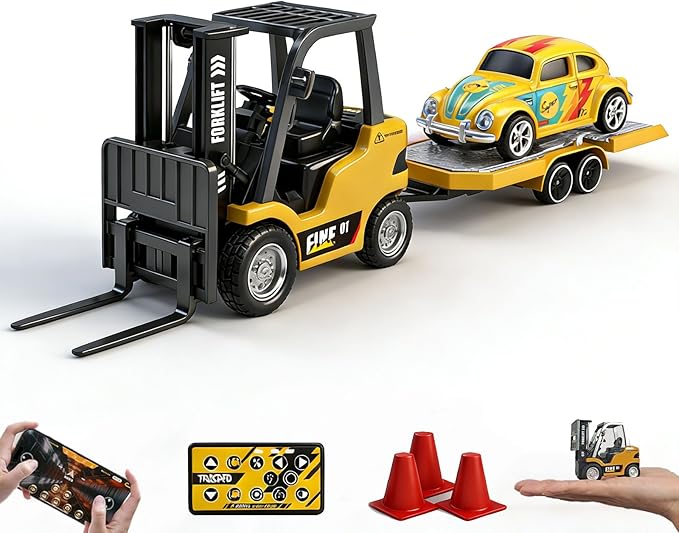 1/64 Scale RC Forklift Crane 2.4GHz Metal RC Truck 2-in-1 Construction Vehicle with Hook &amp Metal Forks Dual Speed APP Control Construction Vehicle Hobby Toy for Adults and Kids