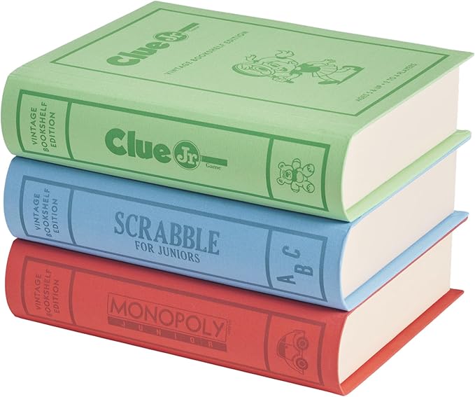 WS Game Company Junior Vintage Bookshelf Edition 3-Pack Board Game Bundle with Monopoly Junior Scrabble for Juniors and Clue Jr. in Premium Linen Fabric-Wrapped Storage Book Cases for Kids Ages 5+