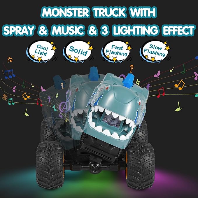 DYODYORC Remote Control Car 2.4Ghz All Terrain Dinosaur Monster Truck Toys RC Truck with Spay Music 360 Stunt Capable All Included Ready to Run Toy Gifts for Boys and Girls (Gray)