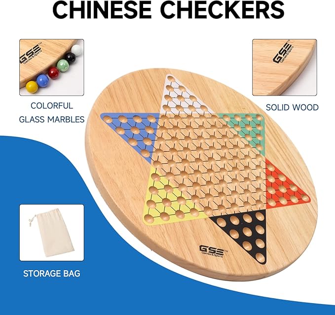 GSE Games &amp Sports Expert 15 Jumbo Oak Wood Chinese Checkers Board Game Set with Colorful Glass Marbles Classic Strategy Family Board Game for Adults