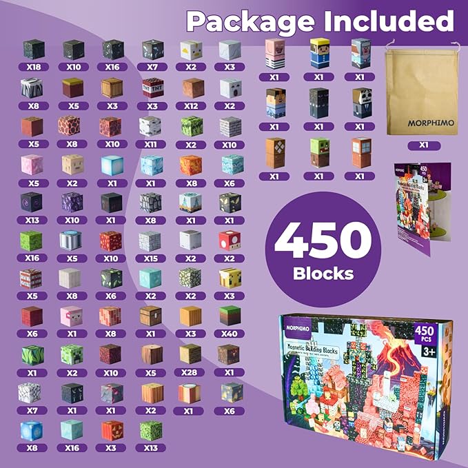 450 PCS Magnetic Building Blocks Set - Big STEM &amp Sensory Toy for Kids - Stacking Magnets - Instruction Book &amp Fabric Storage Bag - Shared Play Toy for Siblings &amp Friends