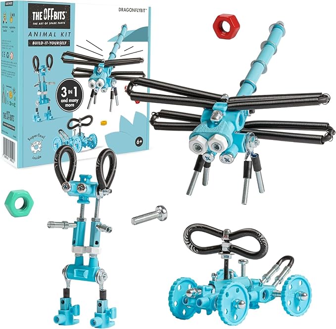 The Off Bits Erector Set: Animal Mini STEM Toys for Kids 6+ Toy Building Sets with Nuts &amp Bolts STEM Building Toys Gifts for Boys and Girls (Blue Dragonfy)