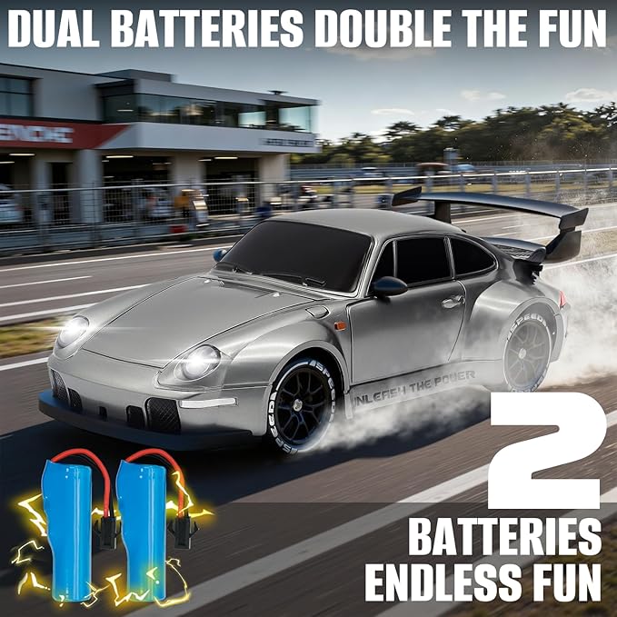 RC Drift Car1:24 Scale Remote Control Car 2.4GHz 20KM/H 4WD High Speed RC Cars for Kids with LED Light Two BatteriesDrifting TiresRacing Vehicle Toy for Adults Boys Girls Silver