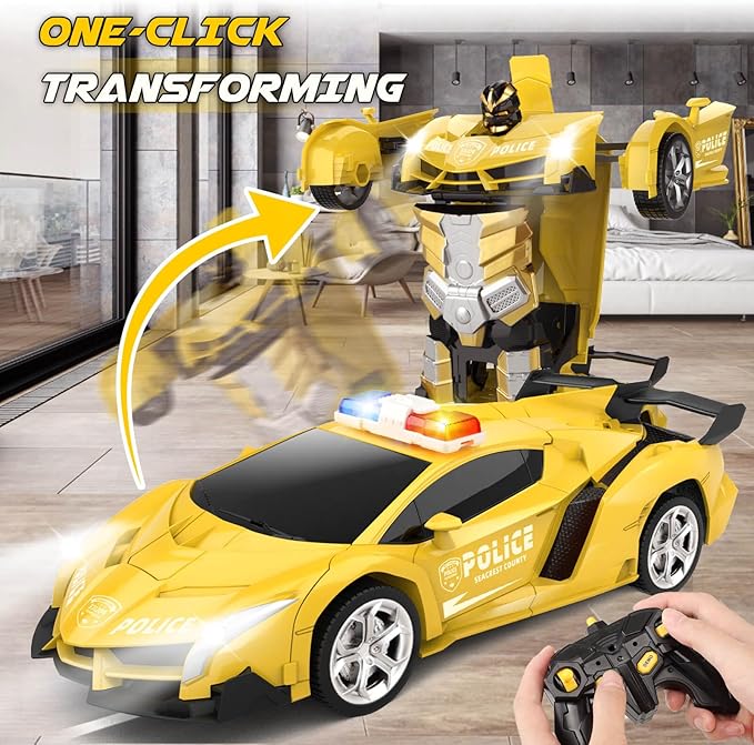 Transform Remote Control Car - Rc Cars One-Button Transforming 360° Rotation Drifting 2.4ghz 1:18 Scale Gift Kids Aged 4-6 Year Old Boys/Girls Police Car Yellow