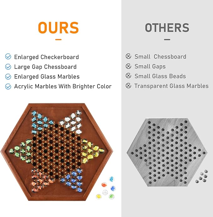 12.7 Inches Wooden Chinese Checkers Set with Storage Drawer -60 Glass Marbles in 6 Colors -12 Bonus Spare Marbles| Chinese Checkers Board Game for Kids and Adult
