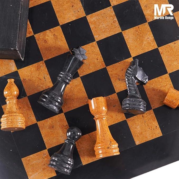 Marble Chess Set for Adults 15 Handmade Black &amp Golden Board Game with 32 Chess Pieces 2 Extra Queens &amp Storage Box Luxury Travel Game – Elegant Home Décor