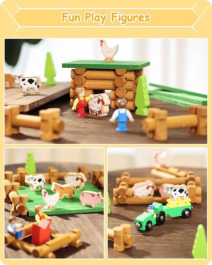 SainSmart Jr. Wooden Log Cabin Set Farm Building House Toy for Toddlers 122 PCS Classic STEM Construction Kit with Colorful Wood Logs Blocks for 3+ Years Old