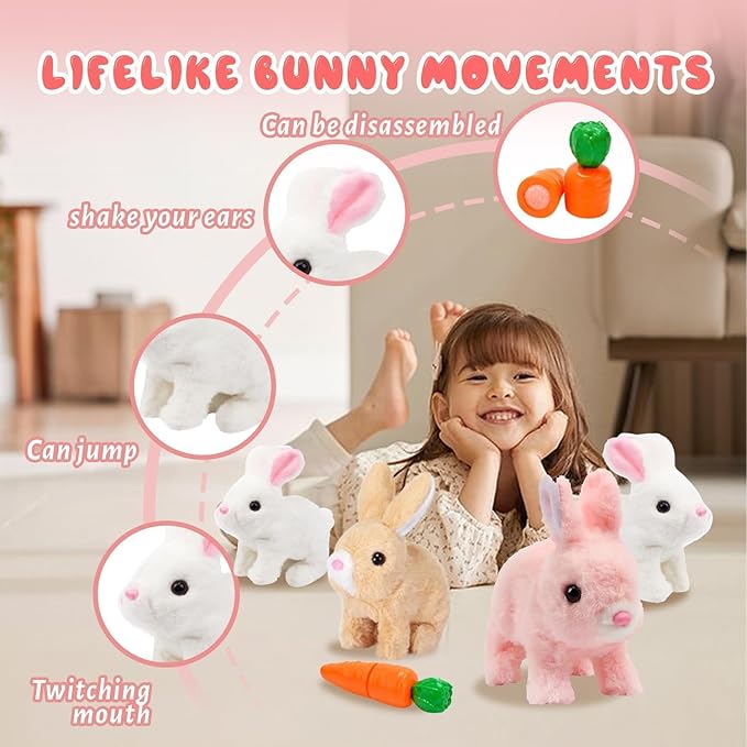 Realistic Bunny Toy - Interactive Plush Rabbit with Sounds and Movements Animated Walking Wiggle Ears Twitch Nose - Easter Gift for Kids (Brown+White)