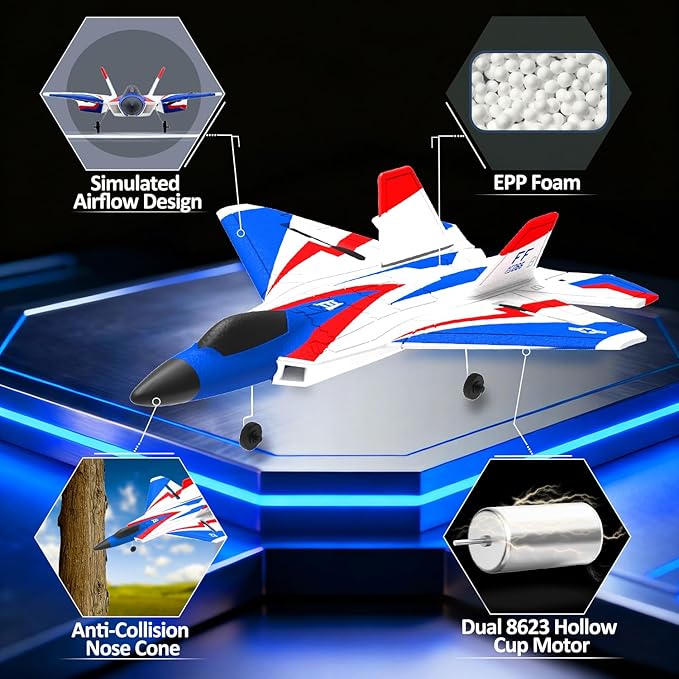 4-CH F22 Raptor Remote Control Airplane RTF RC Plane Fighter Jet with LED Light 6-Axis Gyro 3 Flight Modes Multiple Aerobatic Maneuvers Wingspan 500mm Suitable for Gifts