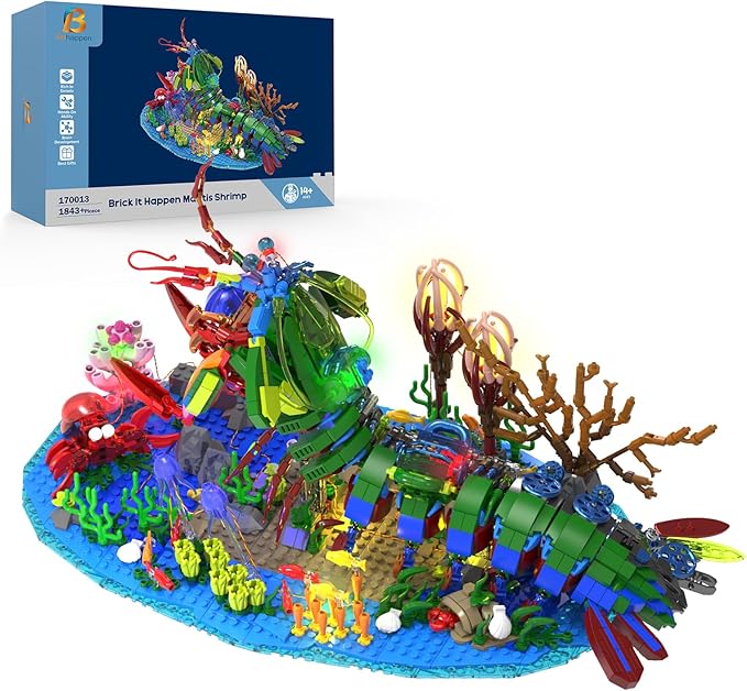 Mechanical Mantis Shrimp Building Block Sets 1843 Pcs Sea Creatures Building Toys with Miniature Undersea Landscape &amp Led Light 18.11x9.45x9.84in DIY Model Kit for Adults Teens 14+