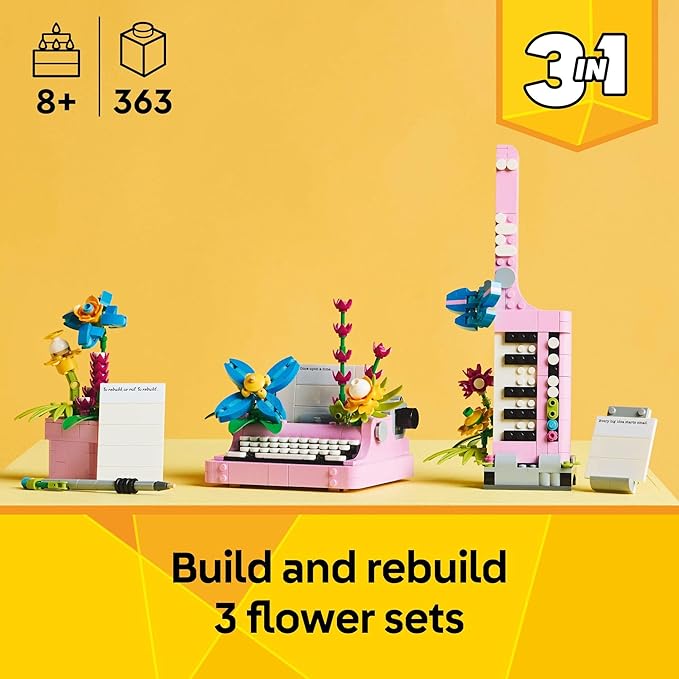 LEGO Creator 3 in 1 Typewriter with Flowers - Building Toy with 3 Building Options Typewriter Flowerpot with Pen &amp Notebook or Keytar - Gift Idea for Birthdays - 31169