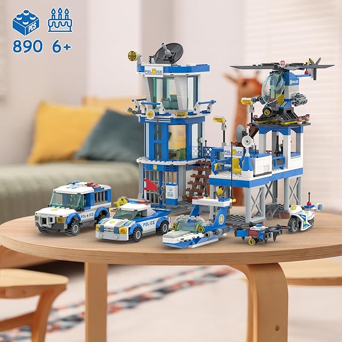 City Police Station Toy Building Set - 890 Pieces Helicopter Police Car and Truck Patrol Boat Coast Guard Headquarter Toy - Ideal Creative Roleplay Gift for Kids Boys and Girls Ages 6-14