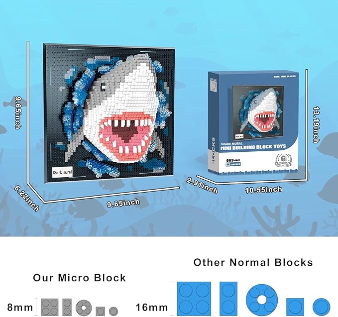 Loyratche Shark Animal 3D Wall Art Micro Mini Building Blocks Set Unique Home Wall Decor or Table Display Ideal Birthday Toy for Adults