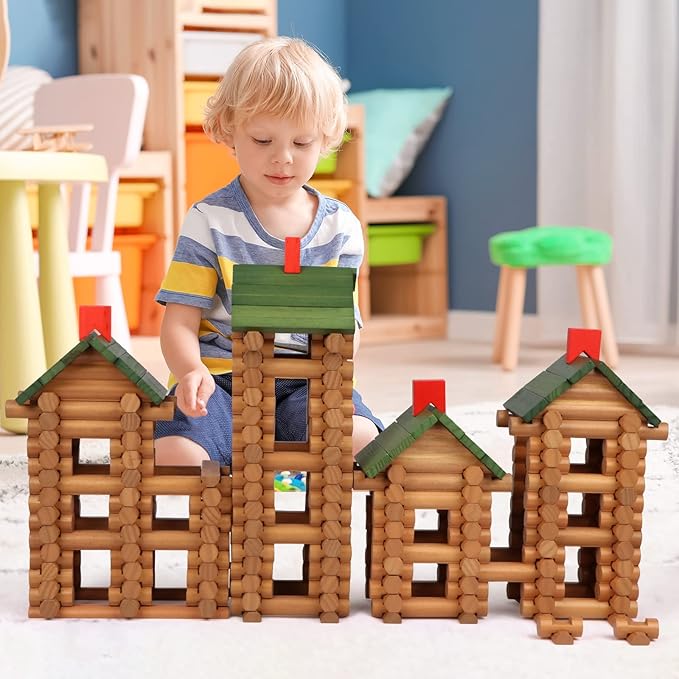 Wondertoys 530 Pcs Wooden Logs Set Ages 3+ Classic Building Log Toys for Kids Creative Construction Engineering Educational Gifts