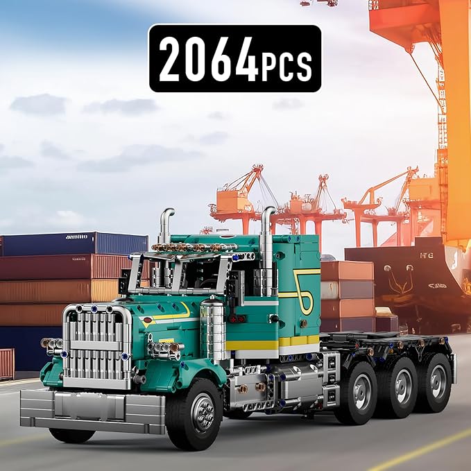 Mould King RC Semi Truck Toys Building Sets American Truck Toy for Aged 14+ 13201 Realistic Tractor Model with Motor Heavy Equipment Transporter Build and Display Blocks Kits (2064 Pieces)