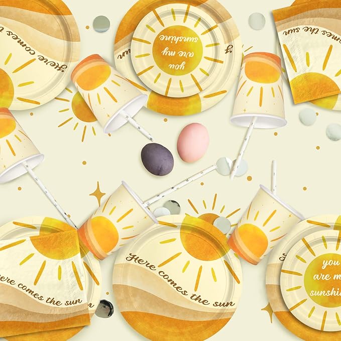 Boho Sun-Theme Birthday Party Supply Set Complete Baby Shower Decorations with Sunshine Disposable Paper Plates Cups Tablecloth Banner and Napkins for 25 Boho Baby Shower Party Decorations.