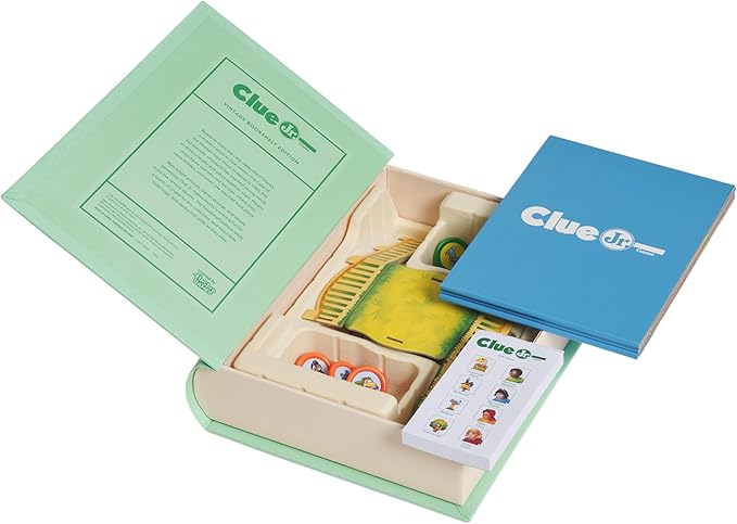 WS Game Company Clue Jr. Vintage Bookshelf Edition: The Case of the Hidden Toys – Linen Fabric Wrapped Book Storage Case – Clue Junior Mystery Board Game for Kids and Families (2-4 Players Ages 5+)