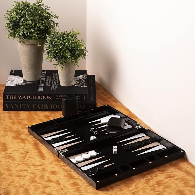 Bey-Berk Damien Acrylic Backgammon Set 14 Black Lucite Case with Magnetic Closure and Complete Playing Pieces Sleek Modern Game Display
