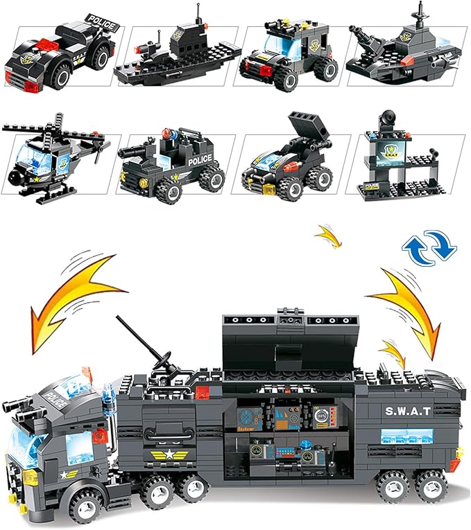 8 in 1 City Police Station Building Kit SWAT Mobile Command Center Truck Building Toy with Police Car Helicopter Patrol Boat Best Learning and Roleplay Swat Toy Gift for Boys and Girls-647 Pieces