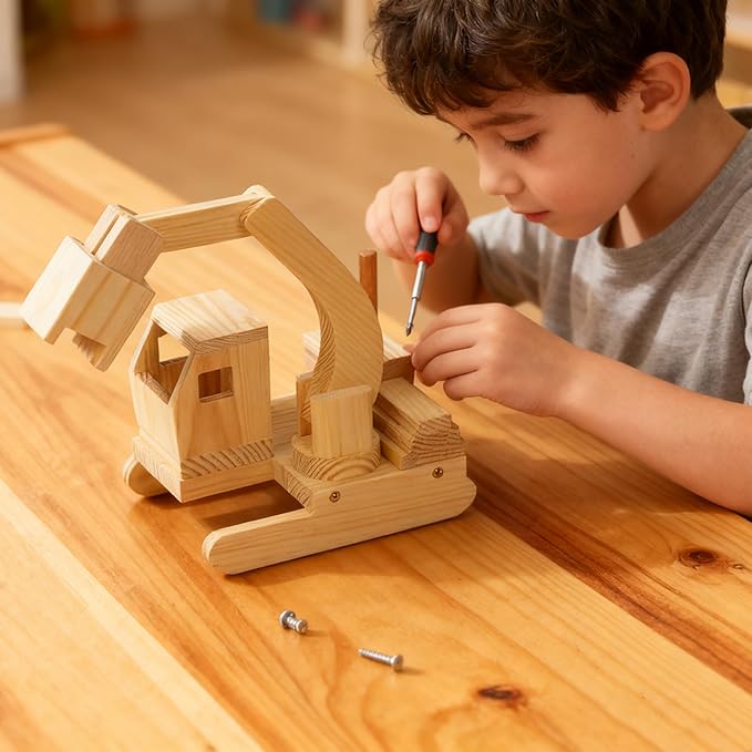 Easy Playhouse: Wood Building Toy Kit - DIY 3 Vehicle Projects: Helicopter Truck &amp Excavator 12 Paint Colors &amp 2 Brushes Arts &amp Craft Set Kids 8+