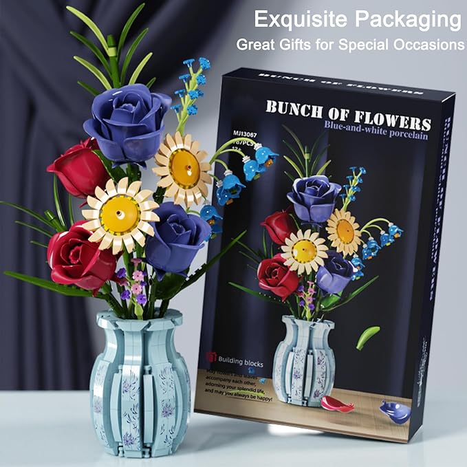 Flower Bouque Building Set with Vase 787 PCS Botanical Collection Building Block Toy Roses Sunflower Artificial Flowers Home Decor Gift for Adults Kids 12+