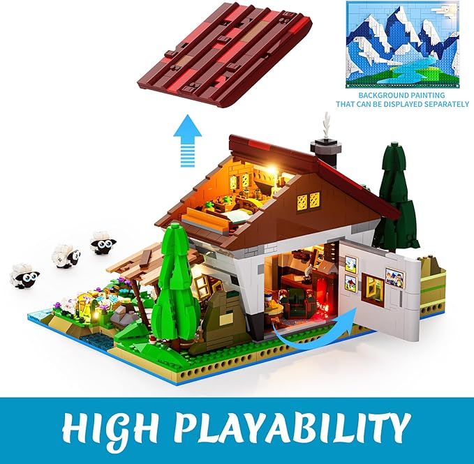Farm Shepherd's-Cottage Lighting Building-Bricks-Set - Farm Life Sheep Stone House Collection LED Light Cottage Model Display Set 2265 Pcs for Adults