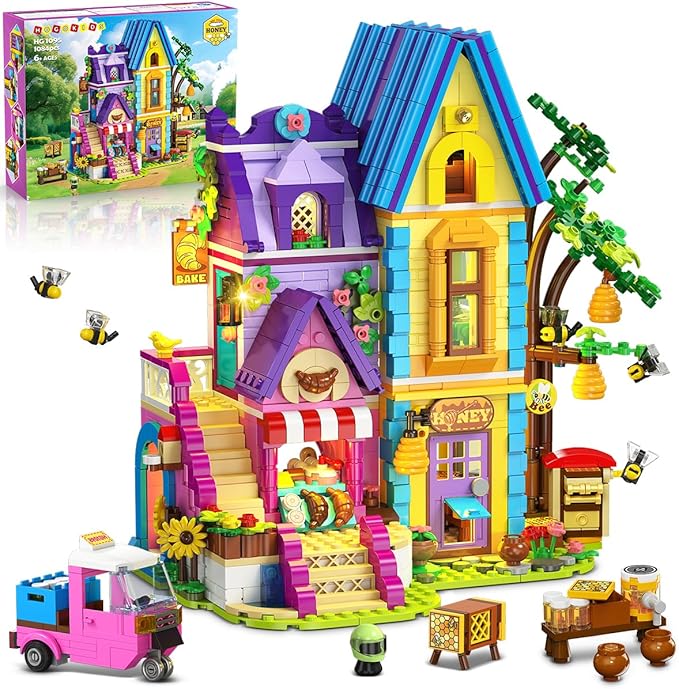 HOGOKIDS Beekeeping &amp Bakery House Building Toy with LED Light - 1084PCS Friends Girls Baking Building Set with Honey Workshop Pretend Play Birthday for Kid Girls Boys Ages 8-12+ Years