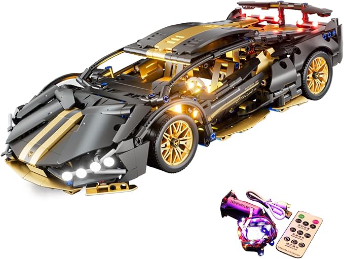 Sport Race Car Building Block Sets for Adults BoysBlack Technical Racing Supercar Toys Kits with LED Light Collectible 1:14 MOC Model Construction Birthday Gifts for Teens Age 8-12 8-1414+