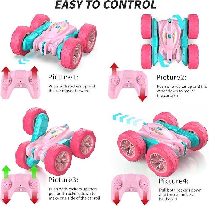 Pink Remote Control Car for Girls2.4 Ghz Double Sided RC Cars 360° Rotating Remote Control Crawler with USB-C Easy Charging Car Toys for 4 5 6 7 8 9 10 Girls Birthday Gift Grandkids