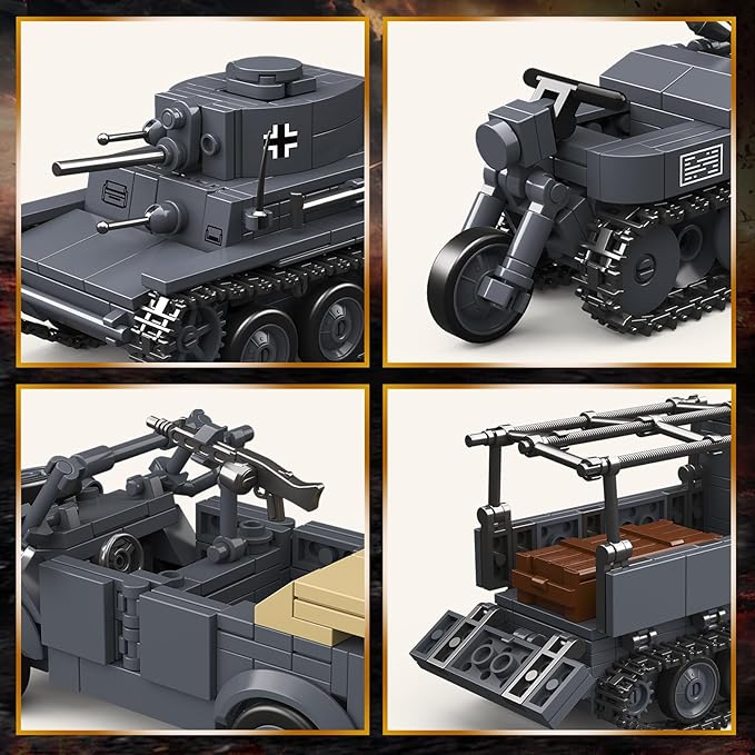4 IN 1 WW2 Army Tanks Toy Building Block Set(1089 Pcs)Compatible with LegoCreate German 38T-A Light Tank&amp3 German Style Small Military Vehicles Models Great Military Toy Gift for Boy Age 6+ Year