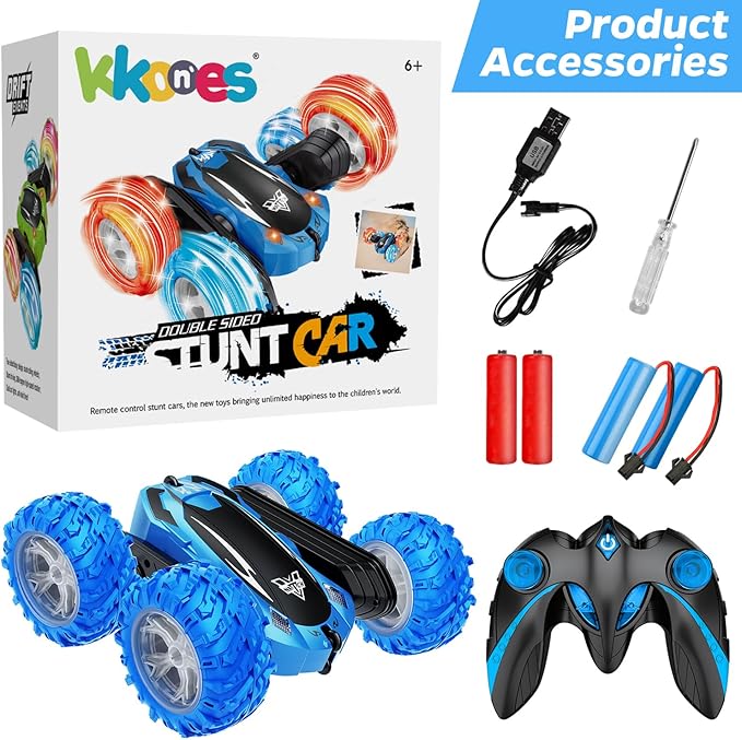 KKONES Remote Control Car 2.4GHz Double Sided 360° Flips Rotating Electric Race RC Stunt Car LED Wheel &amp Headlight High Speed Off Road Cars Toy Gift for 3 4 5 6 7 8-12 Year Old Boy Toys (Blue)
