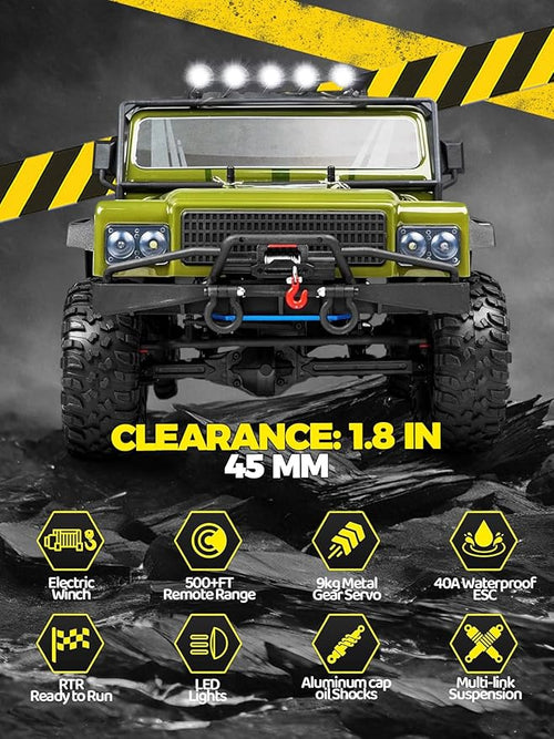 1:8 RC Cars for Adults – 4x4 Remote Control Car Rugged Brushed Motor Electric Off-Road RC Rock Crawler with 2-Speed Transmission Army Green All-Terrain RC Trucks Ready-to-Run RTR Set