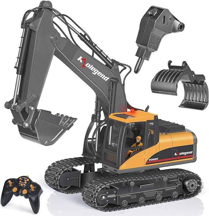 kolegend 3 in 1 Remote Control Excavator Toy 1/14 Scale RC Excavator 15 Channel Upgrade Full Functional Construction Vehicles with Tools Metal Breaker and Electric Gripper(Yellow/Black)