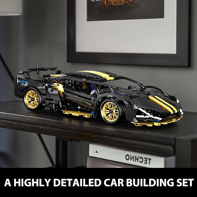 GEVINST Collectible Sports Race Cars Building Set with LED Lights Model Car Kits for Boys 8-12 and up Adults 1:14 Scale Black Gold Supercar Gifts (1309 PCS)