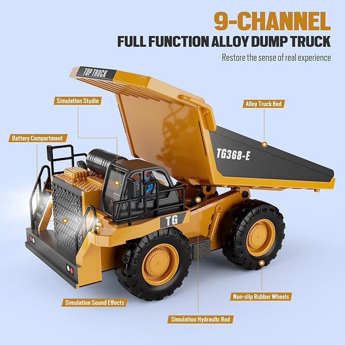RC Dump Truck Toy for Kids | 9-Channel Metal Construction Vehicle with Working Bed Lights &amp Sounds Rechargeable Remote Control Truck for Boys Ages 3-12 Durable STEM Gift for Birthday 2026