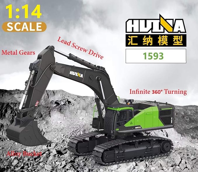 RC Excavator for Adults Huina 1593 Fully Functional 1:14 Toy 28 Channel Remote Control Truck Construction Vehicle Metal Bucket LED Lights Simulating Sounds 2 Batteries and Gripper 2026 Model