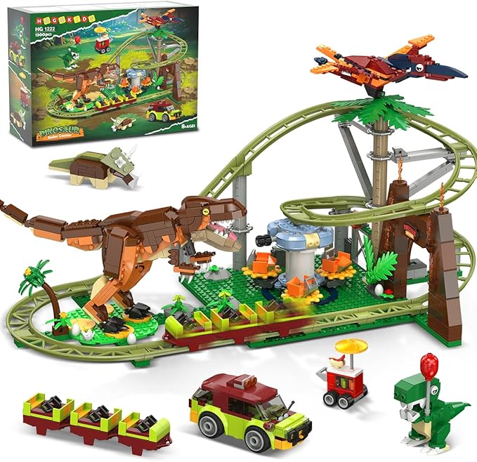 HOGOKIDS Dinosaur Roller Coaster Building Set - 1222 PCS Roller Coaster Building Toy with 4 Dinosaur Off-Road Vehicle Food Cart Dinosaur Models Playset Gifts for Adults Girls Boys Ages 8-12 Years