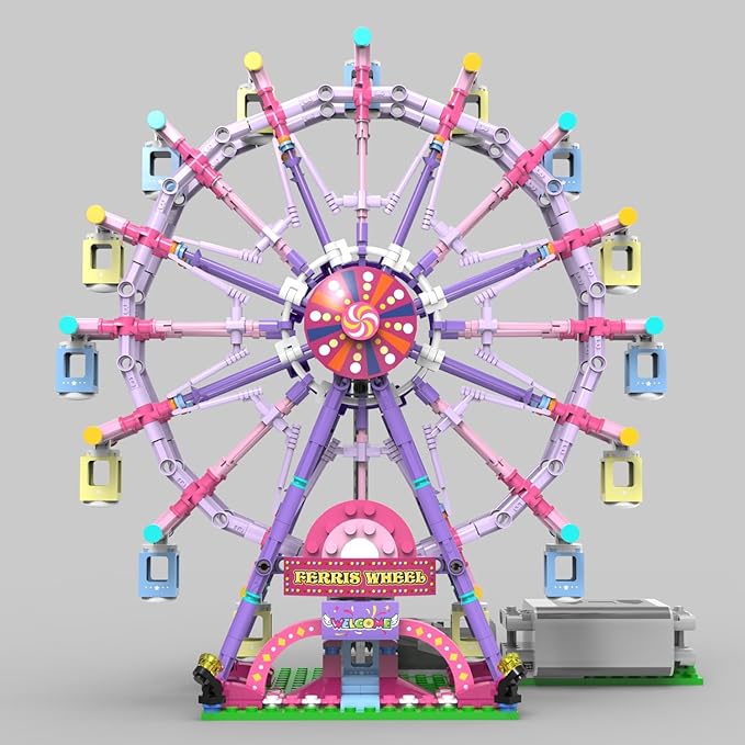 Rotating Ferris Wheel Building Blocks Kitwith Lights Amusement Park Building Construction Toys Set for 6+ Year Boys.Girls.Adult(870 Pieces) Pink