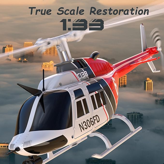 C138 Remote Control Helicopter 1:33 Scale Bell206 Helicopter 2.4G 4CH RTF Single Propeller Aileron Free Optical Flow Positioning Six-axis Gyroscope Stabilization Gift for Adults (3 Battery)