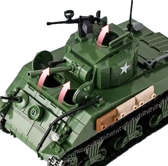 General Jim's WWII M4A1 Sherman Tank Brick Building Blocks Set 726 Pieces 1:29 Scale Rotating Turret Moving Tracks Compatible with Major Brands GJ-USSH