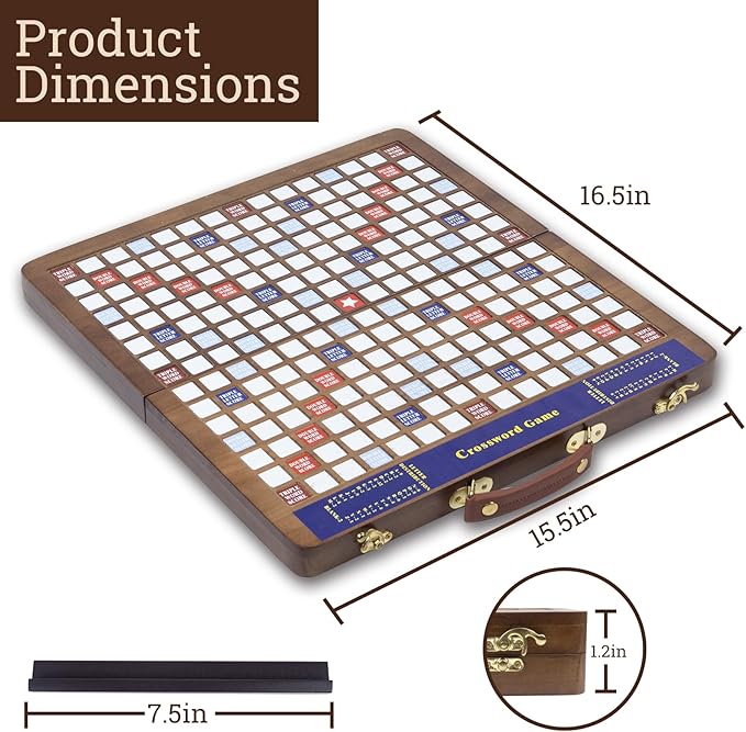Wooden Folding Crossword Board Game – Word Game Set with 100 Letter Tiles Sand Timer Pencil Racks &amp Bag – Portable Wooden Game for Adults &amp Family